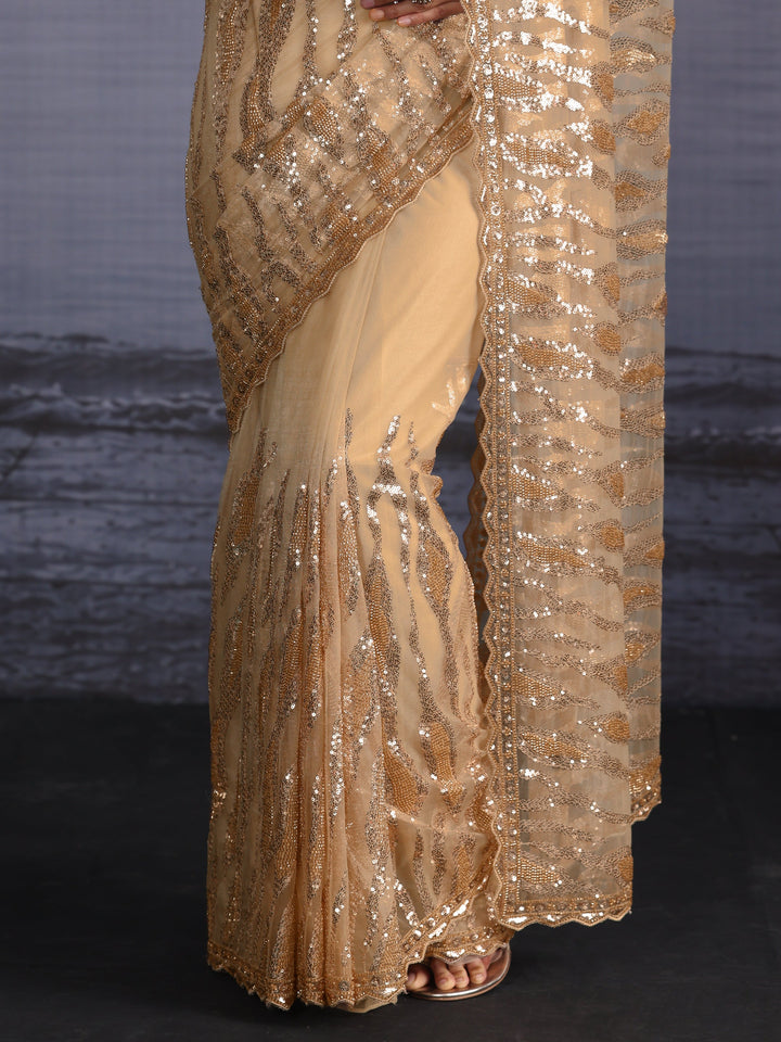 Libas Golden Sequin Embellished Net Saree with Scalloped Border