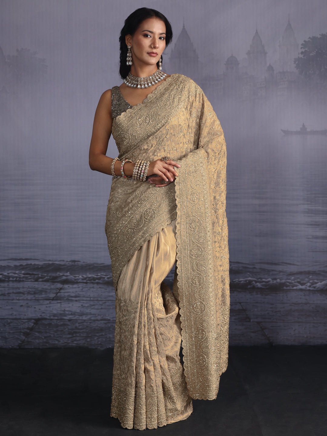 Libas Art Taupe Grey Bead and Stone Embellished Silk Blend Saree