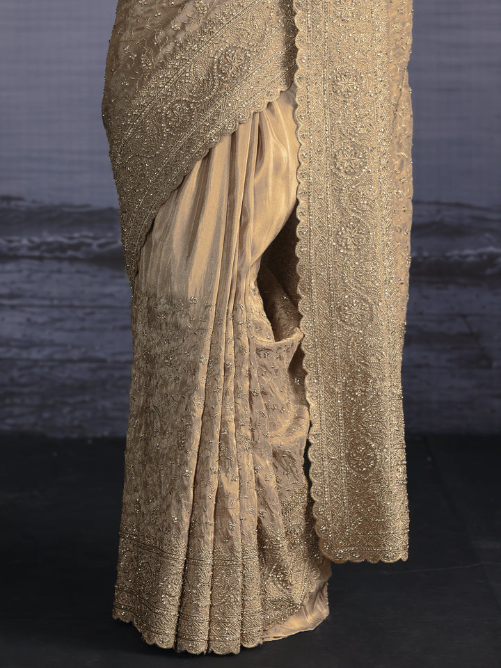 Libas Art Taupe Grey Bead and Stone Embellished Silk Blend Saree
