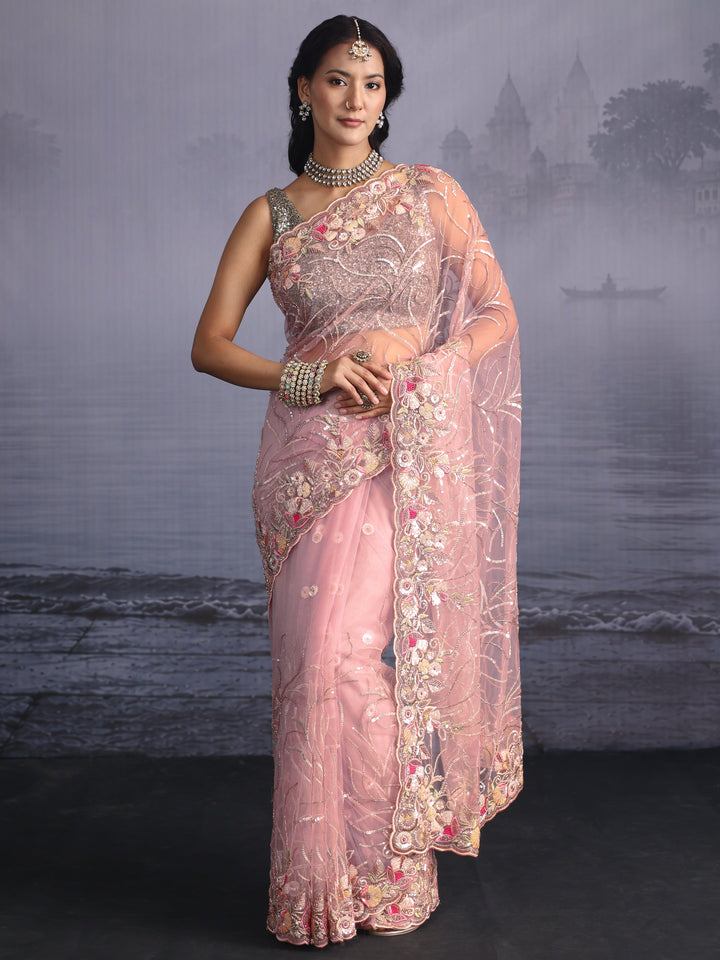 Libas Baby Pink Sequin Embellished Net Saree with Scalloped Border