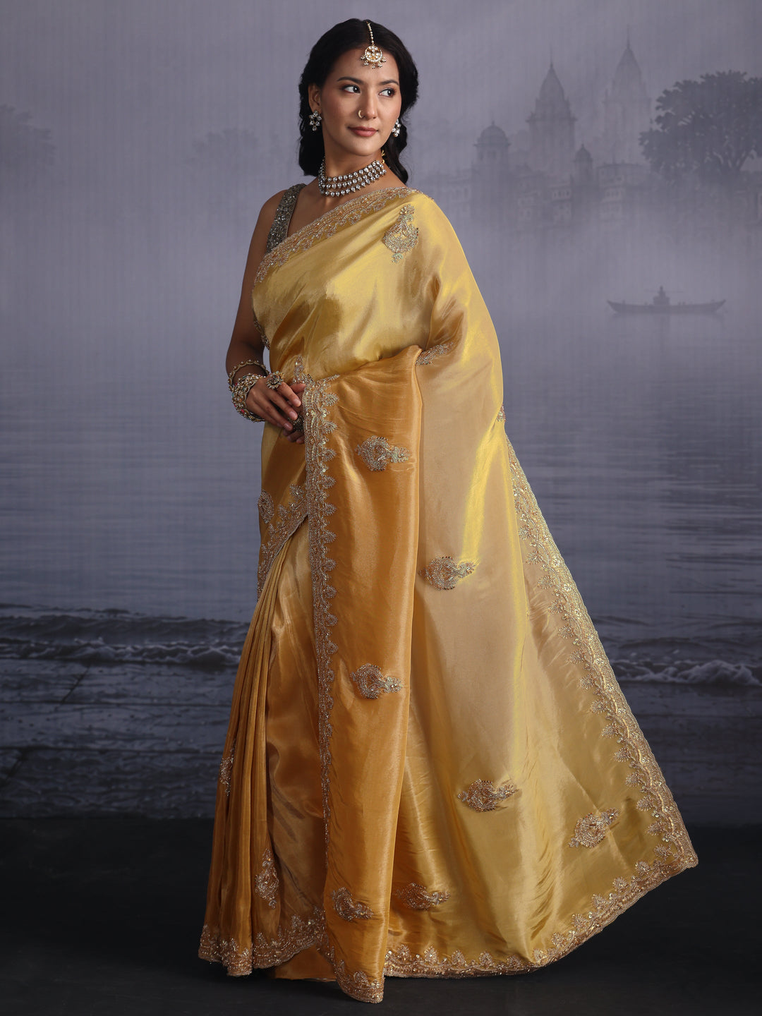 Libas Art Yellow Bead Embellished Silk Blend Saree