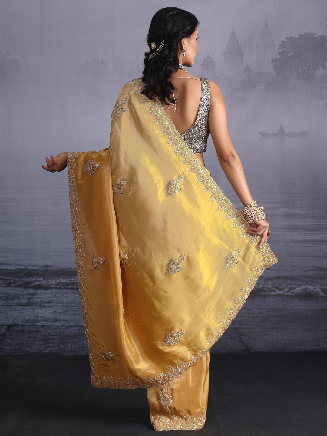 Libas Art Yellow Bead Embellished Silk Blend Saree
