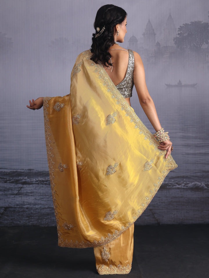 Libas Art Yellow Bead Embellished Silk Blend Saree