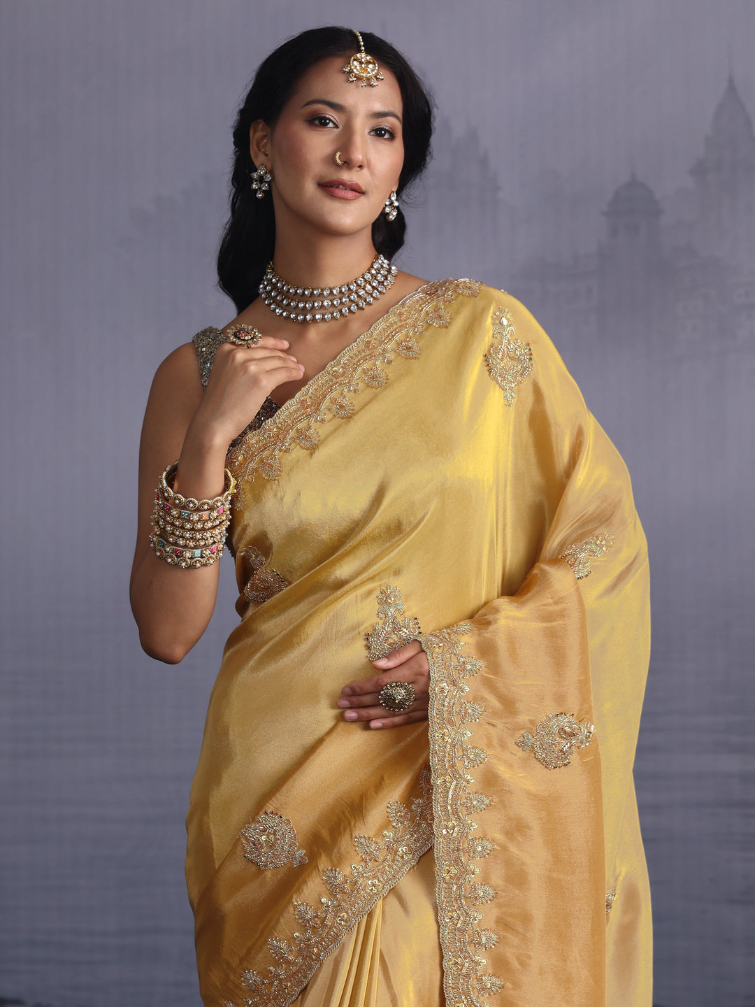 Libas Art Yellow Bead Embellished Silk Blend Saree