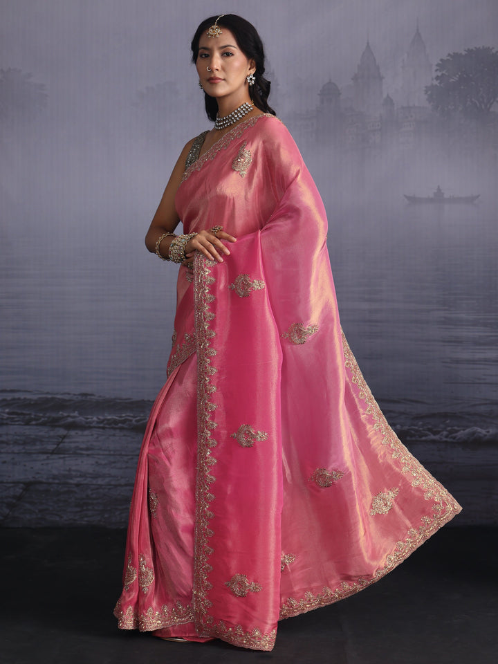 Libas Art Bubblegum Pink Bead Embellished Silk Blend Saree