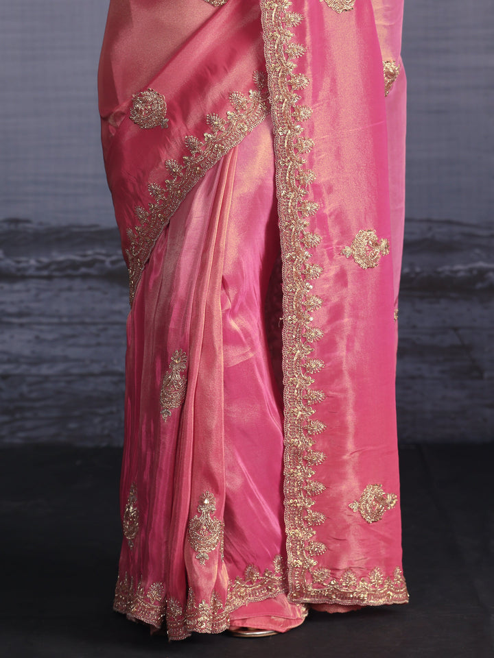 Libas Art Bubblegum Pink Bead Embellished Silk Blend Saree