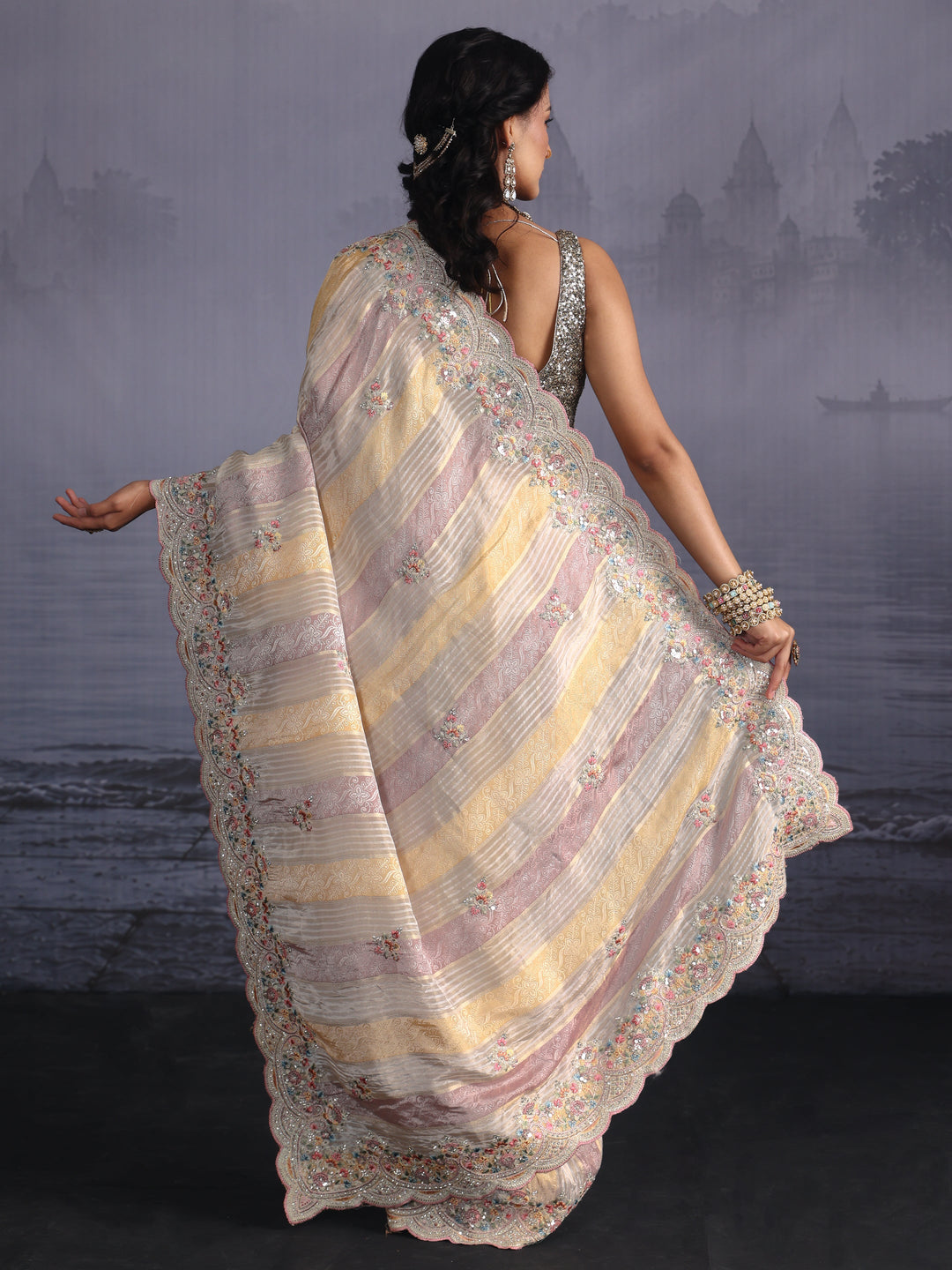 Libas Art Ivory Silk Blend Saree with Floral Embroidered Border