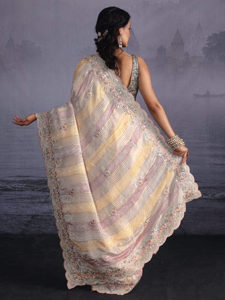 Libas Art Ivory Silk Blend Saree with Floral Embroidered Border