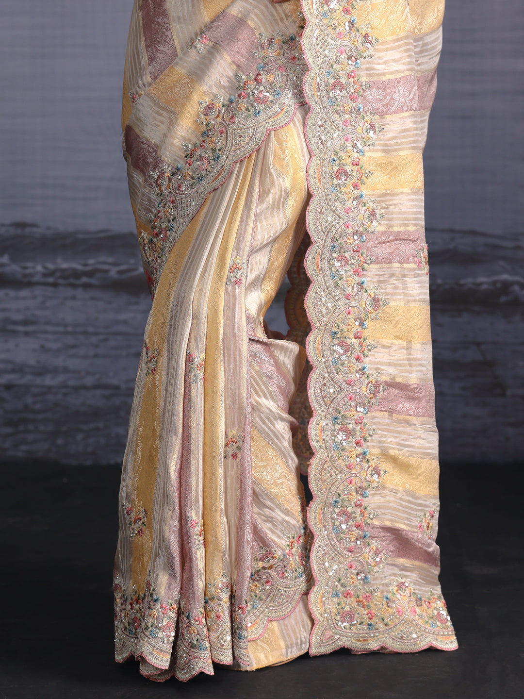 Libas Art Ivory Silk Blend Saree with Floral Embroidered Border