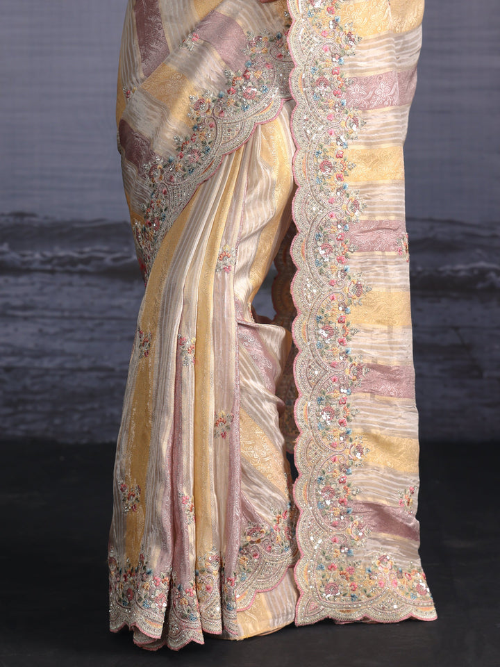 Libas Art Ivory Silk Blend Saree with Floral Embroidered Border