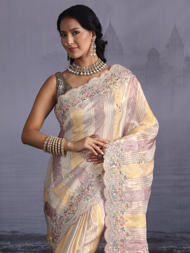 Libas Art Ivory Silk Blend Saree with Floral Embroidered Border