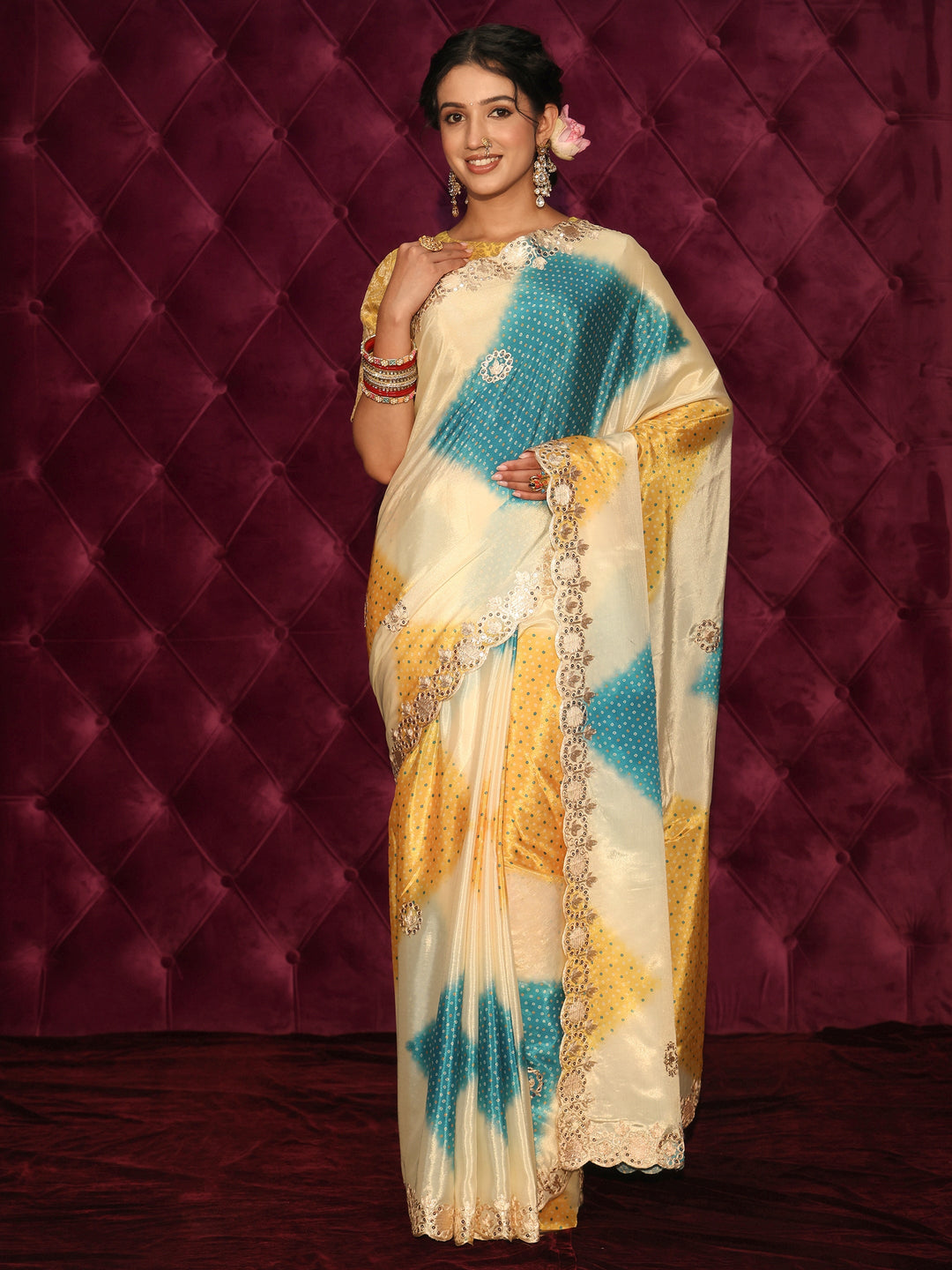 Libas Cream Bandhani Printed Satin Saree
