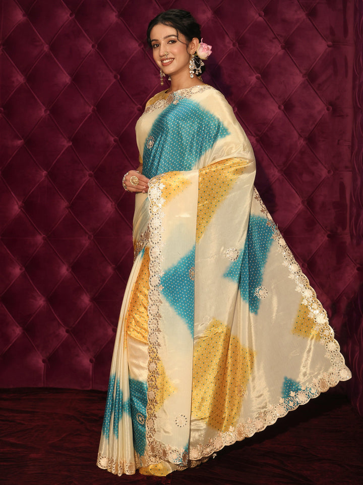 Libas Cream Bandhani Printed Satin Saree