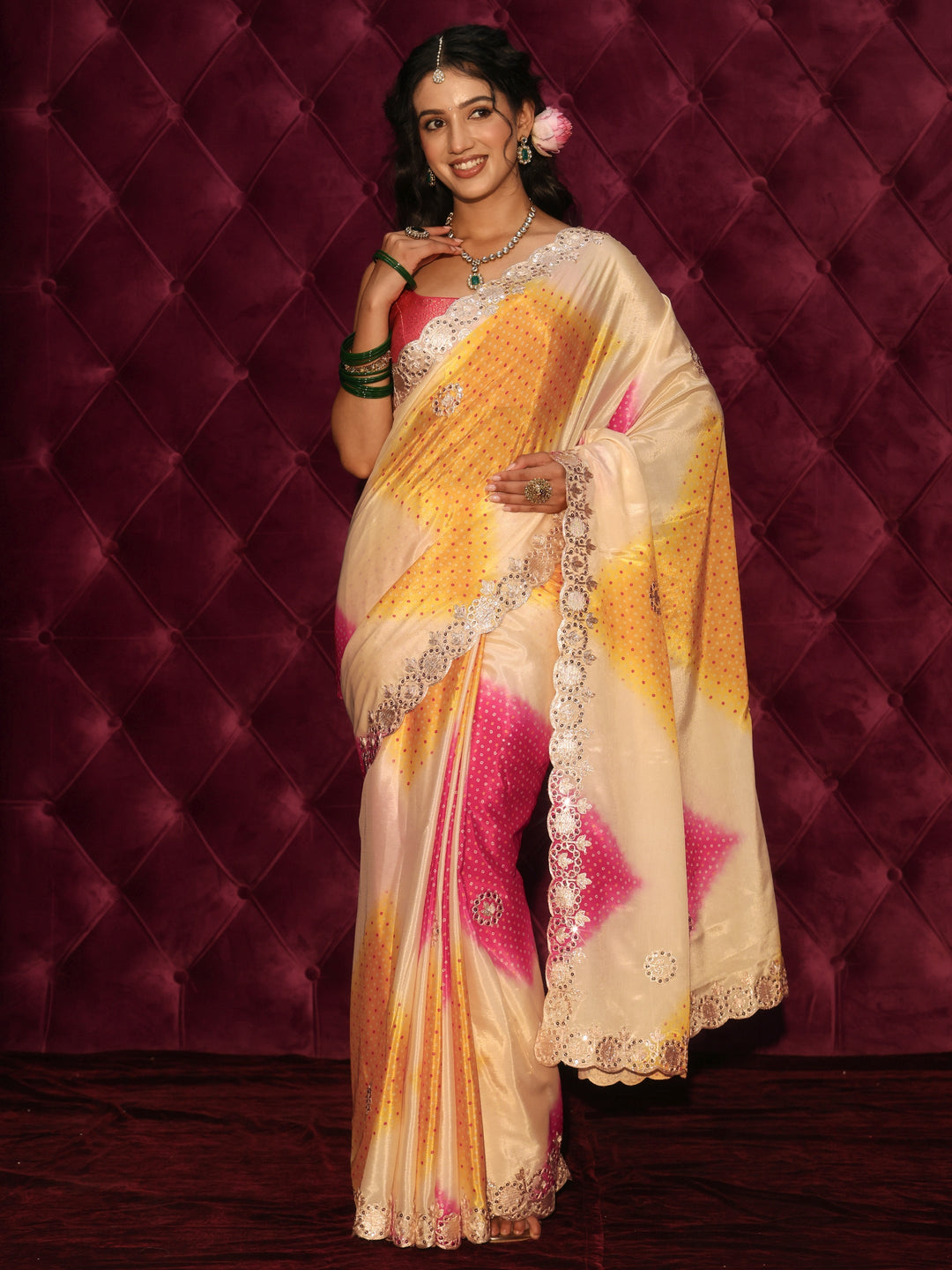 Libas Cream Bandhani Printed Satin Saree