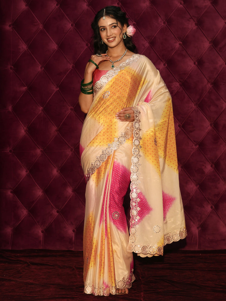 Libas Cream Bandhani Printed Satin Saree
