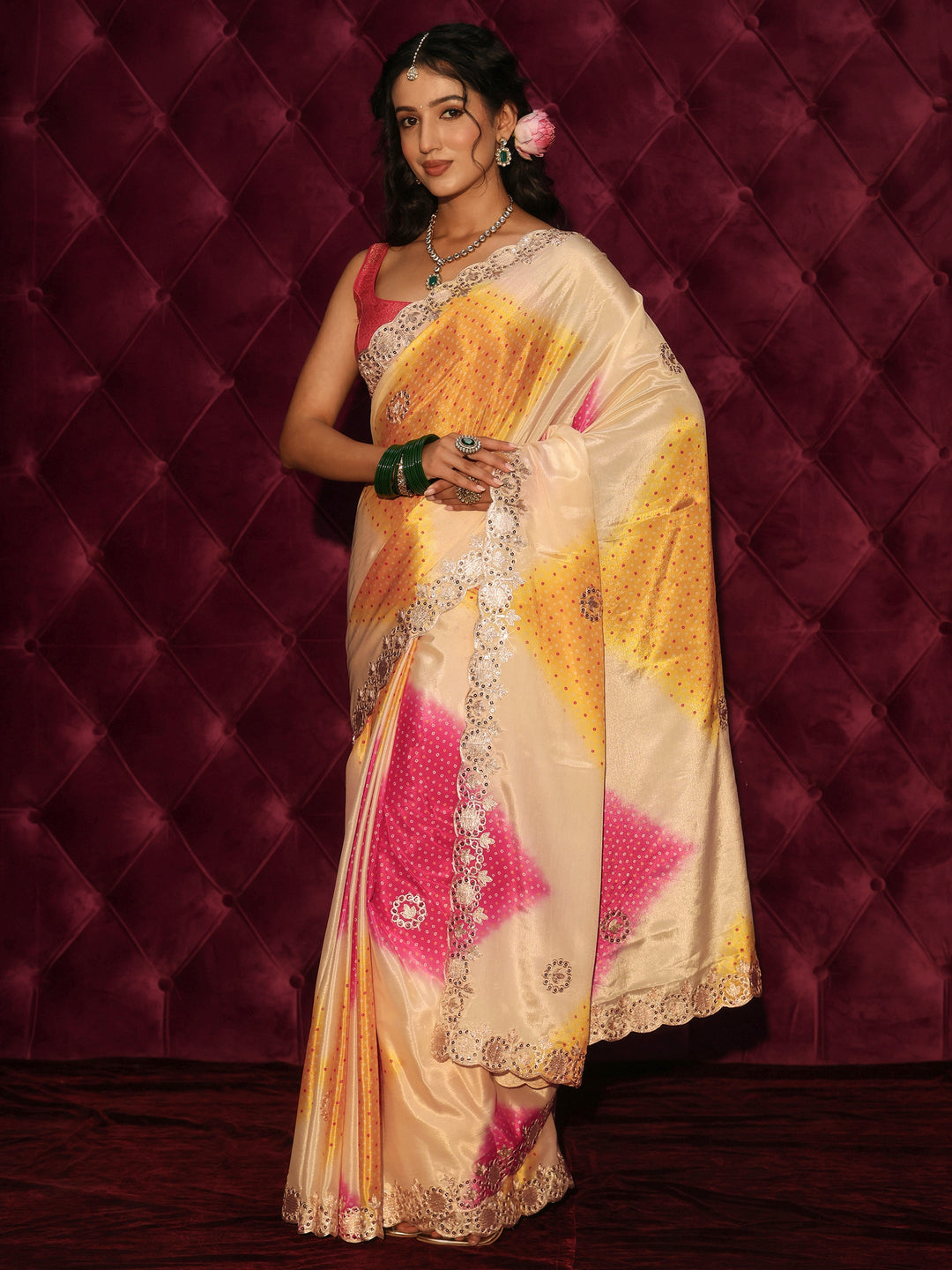 Libas Cream Bandhani Printed Satin Saree
