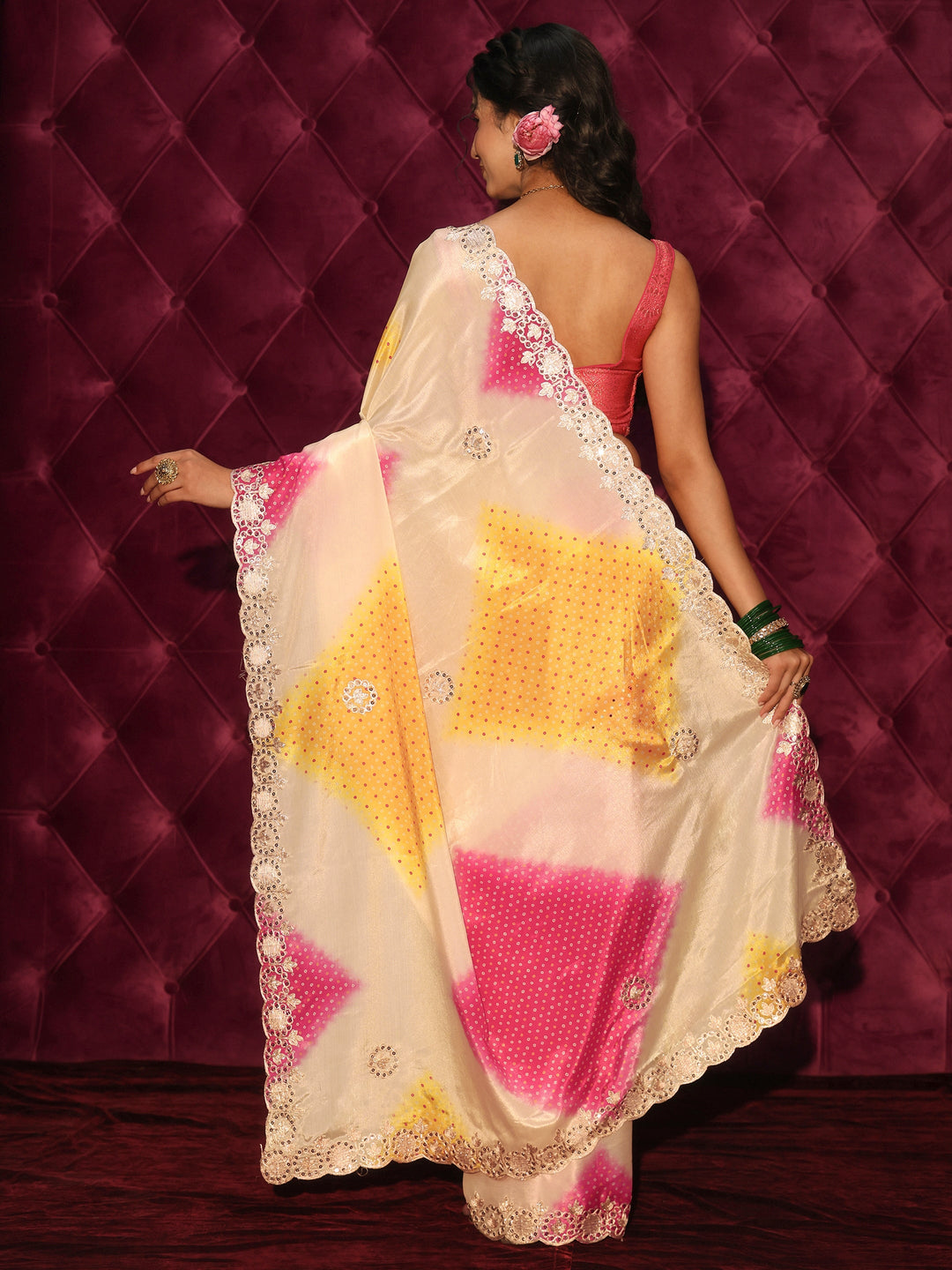 Libas Cream Bandhani Printed Satin Saree