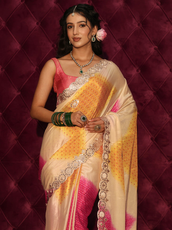 Libas Cream Bandhani Printed Satin Saree