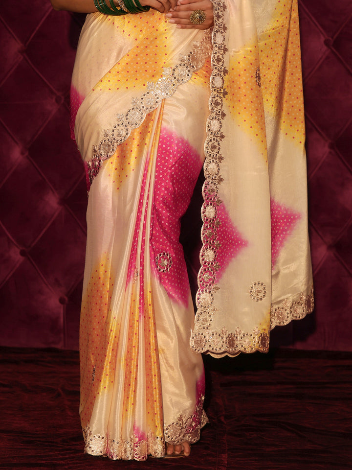 Libas Cream Bandhani Printed Satin Saree