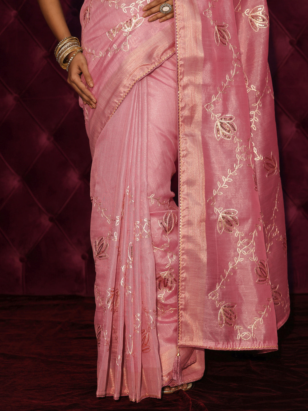 Libas Pink Floral Embroidered Silk Blend Saree