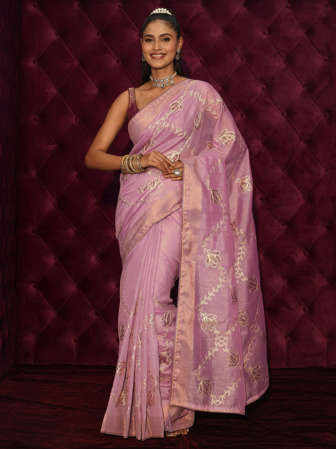 Libas Lilac Floral Embroidered Silk Blend Saree