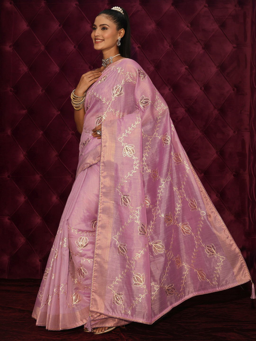 Libas Lilac Floral Embroidered Silk Blend Saree