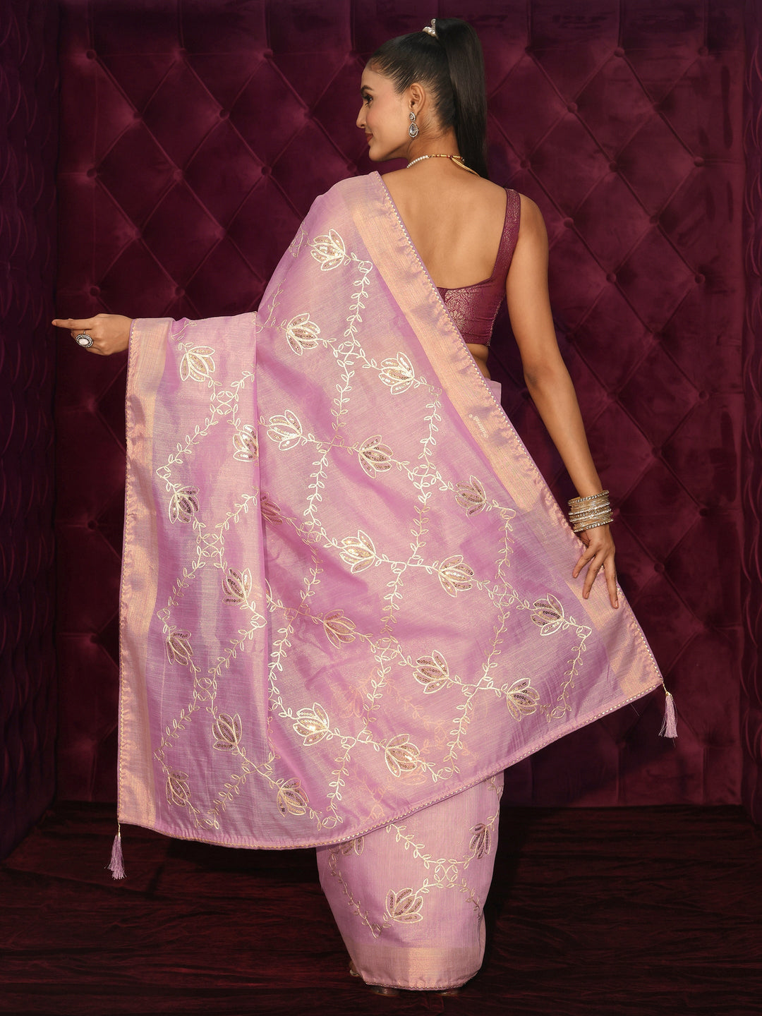 Libas Lilac Floral Embroidered Silk Blend Saree