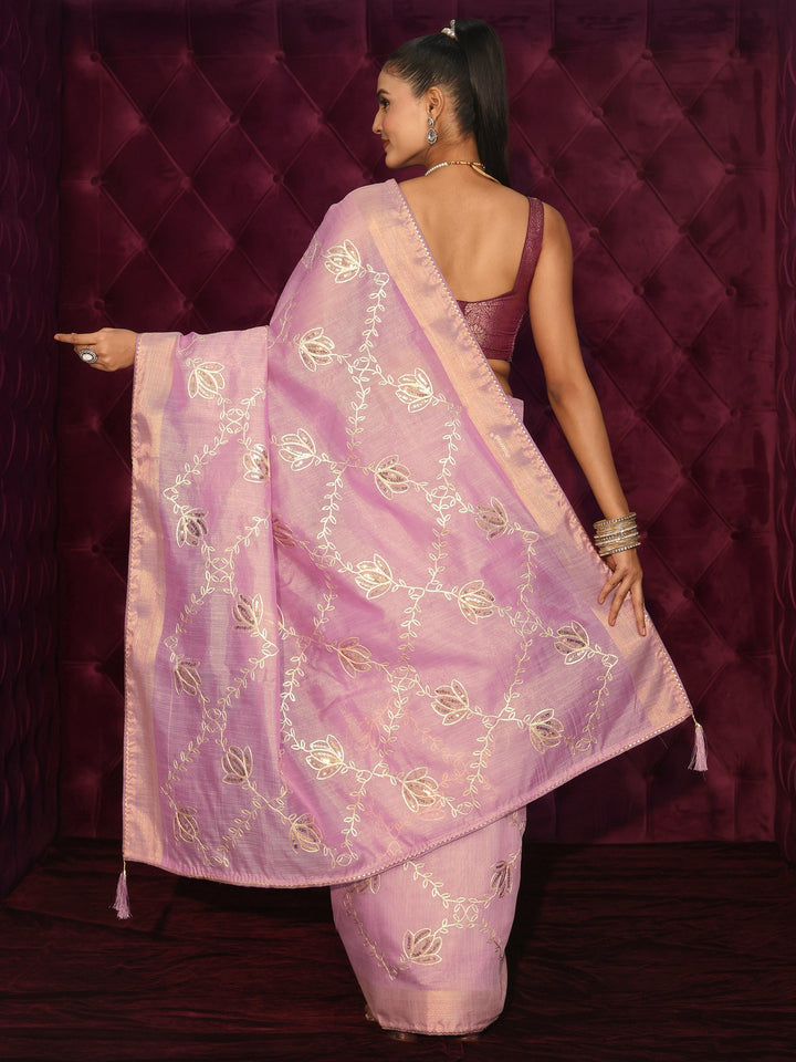 Libas Lilac Floral Embroidered Silk Blend Saree