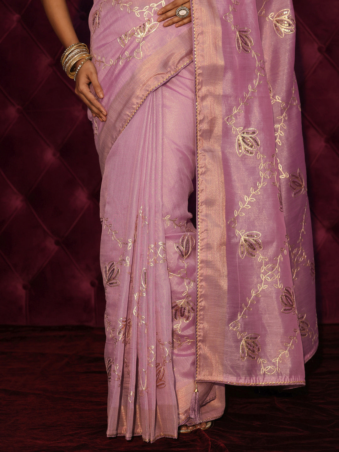 Libas Lilac Floral Embroidered Silk Blend Saree