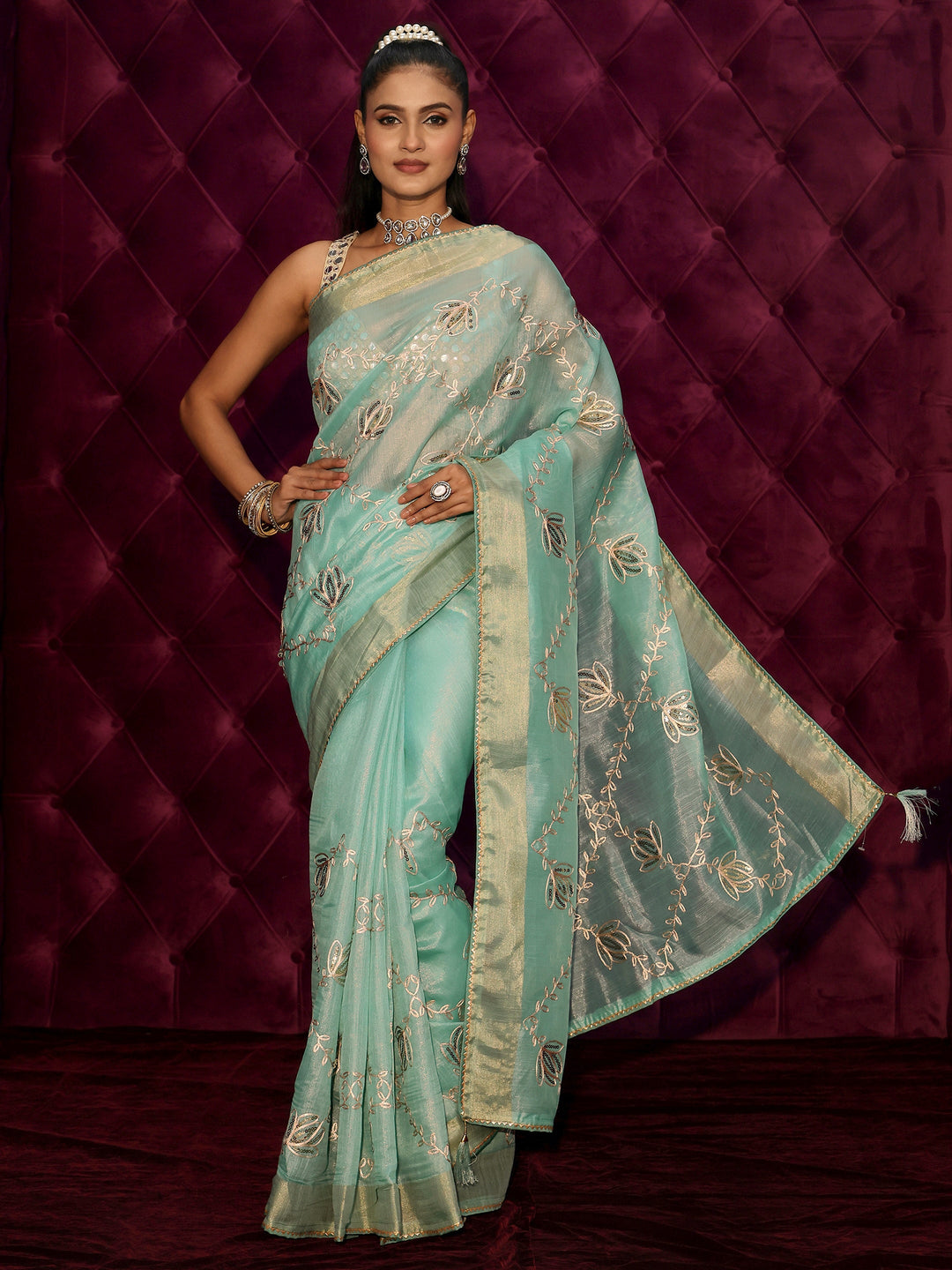 Libas Blue Floral Embroidered Silk Blend Saree