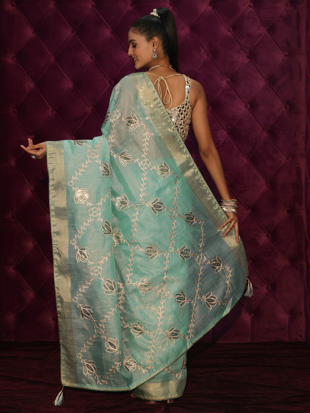 Libas Blue Floral Embroidered Silk Blend Saree