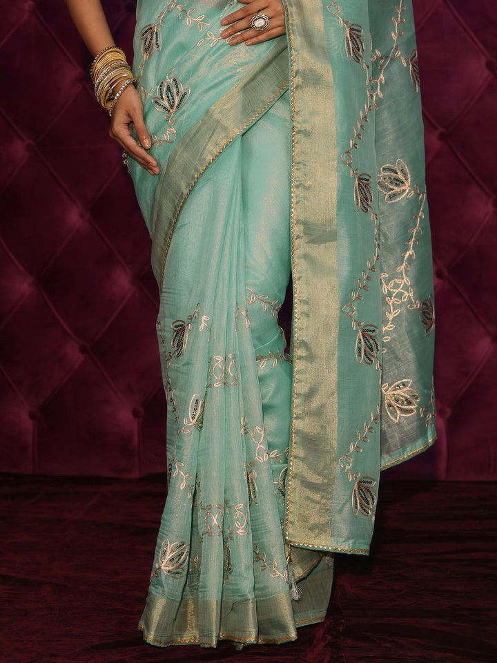 Libas Blue Floral Embroidered Silk Blend Saree
