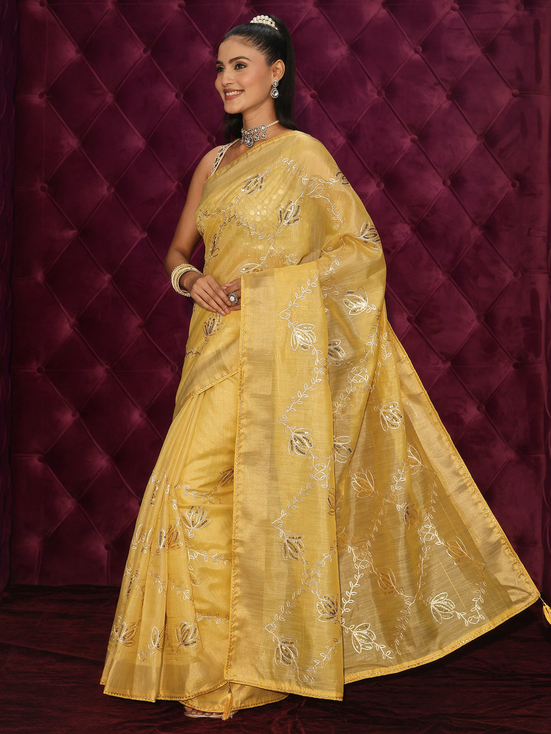 Libas Mustard Floral Embroidered Silk Blend Saree