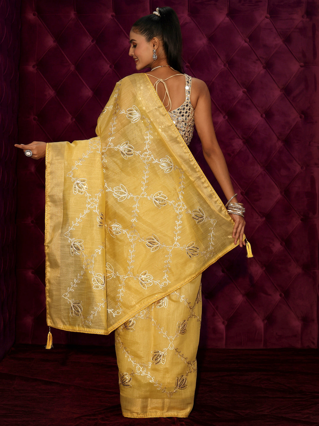 Libas Mustard Floral Embroidered Silk Blend Saree