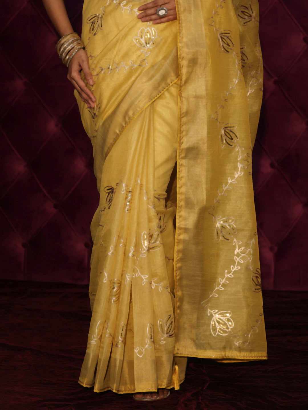Libas Mustard Floral Embroidered Silk Blend Saree