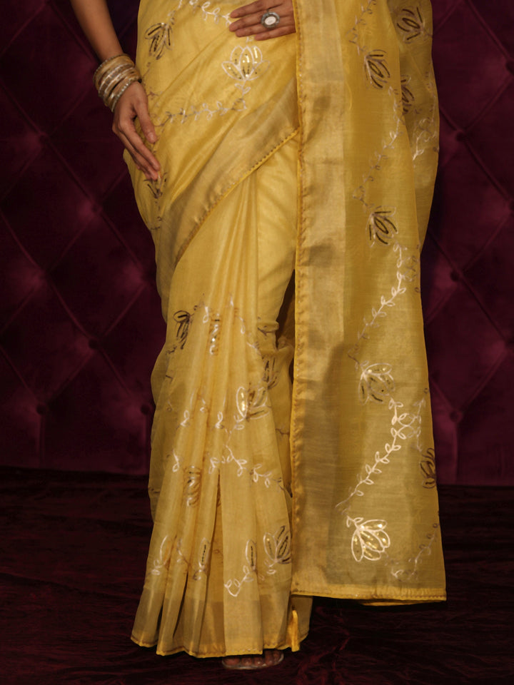 Libas Mustard Floral Embroidered Silk Blend Saree