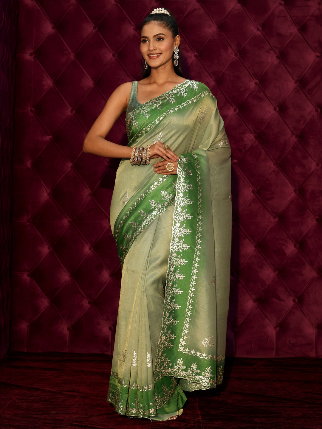 Libas Green Floral Embroidered Tissue Saree