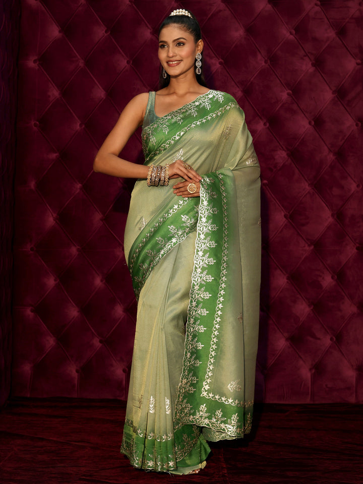 Libas Green Floral Embroidered Tissue Saree