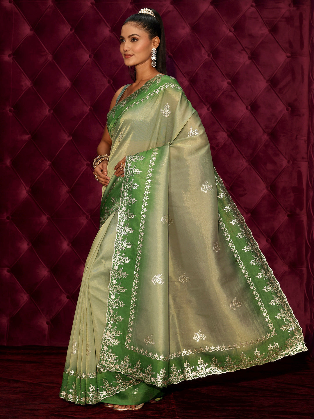 Libas Green Floral Embroidered Tissue Saree