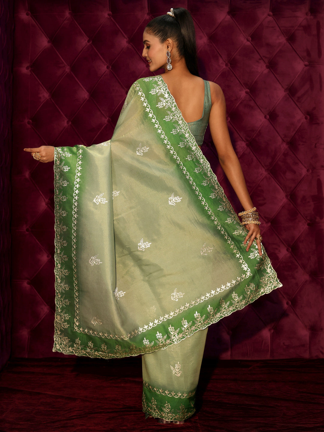 Libas Green Floral Embroidered Tissue Saree