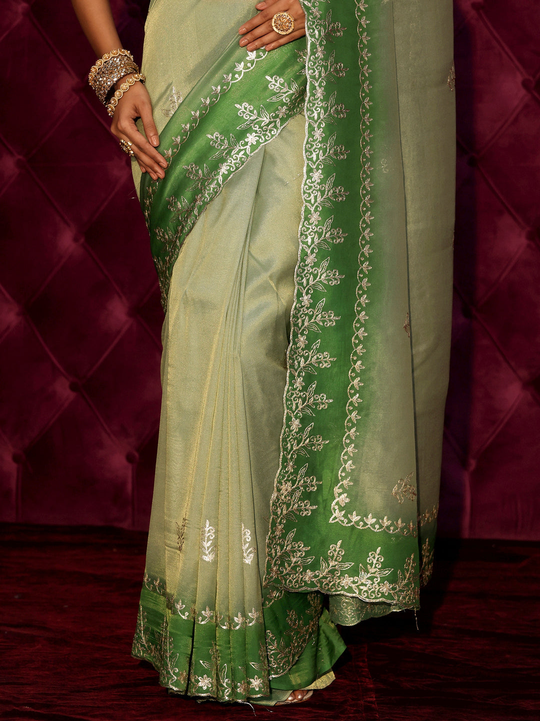 Libas Green Floral Embroidered Tissue Saree