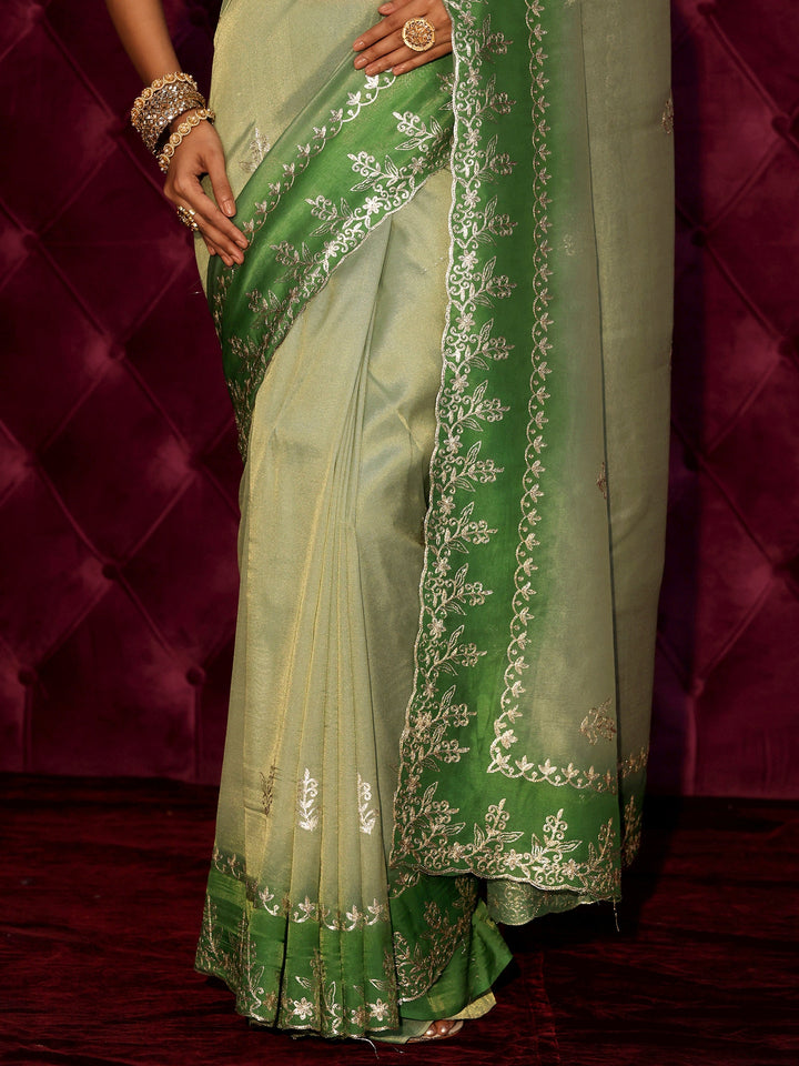 Libas Green Floral Embroidered Tissue Saree