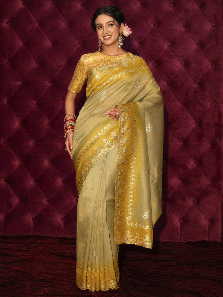 Libas Green Floral Embroidered Tissue Saree