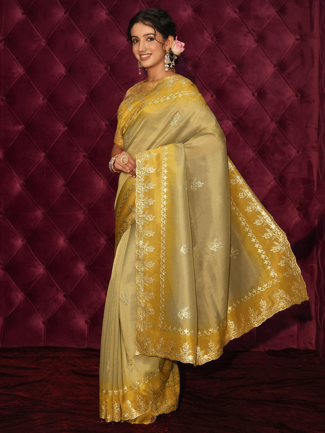 Libas Green Floral Embroidered Tissue Saree