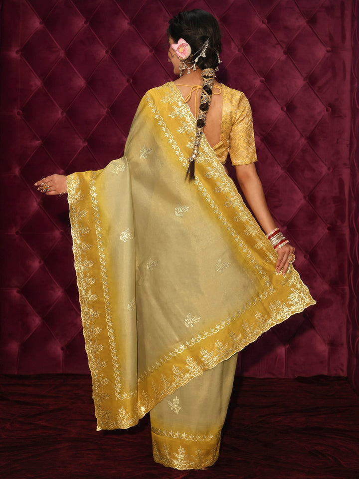 Libas Green Floral Embroidered Tissue Saree