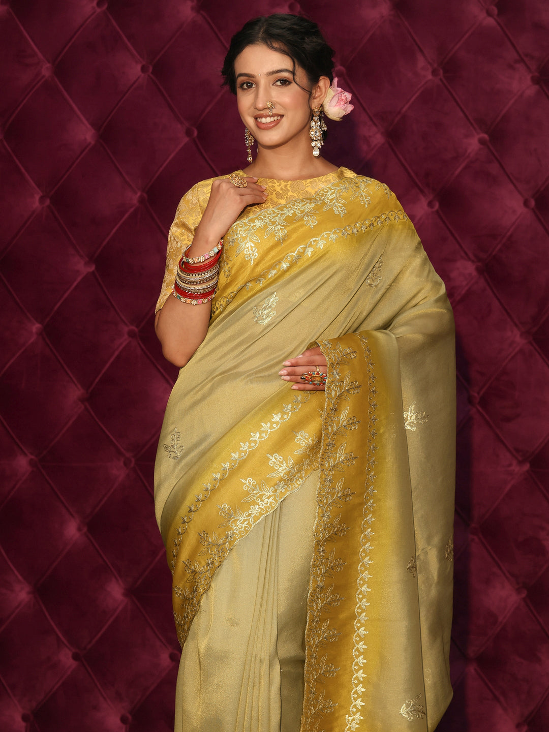 Libas Green Floral Embroidered Tissue Saree