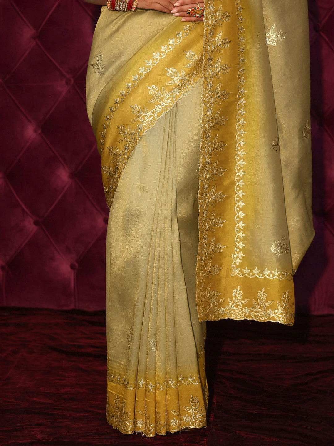 Libas Green Floral Embroidered Tissue Saree