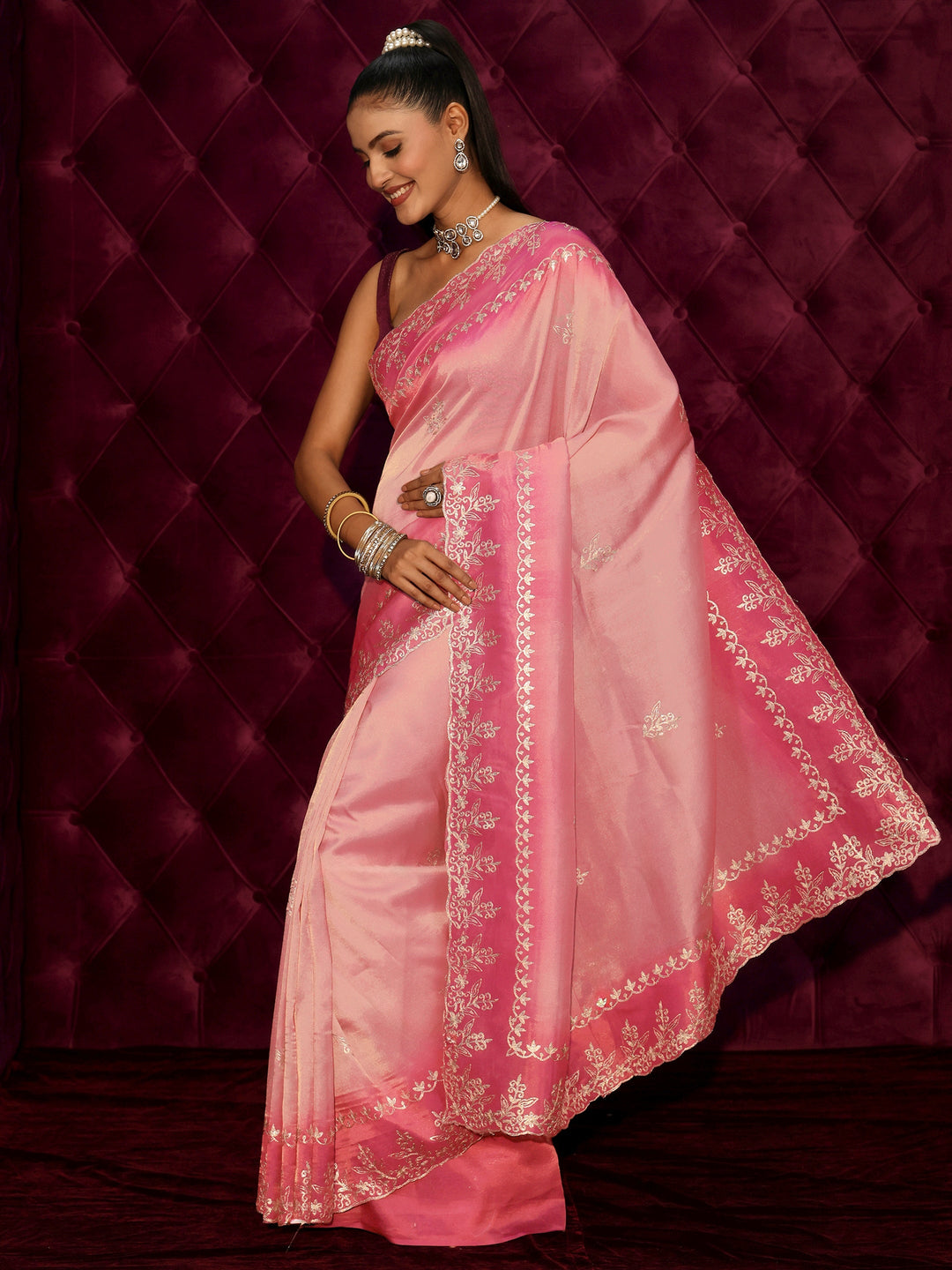 Libas Pink Floral Embroidered Tissue Saree