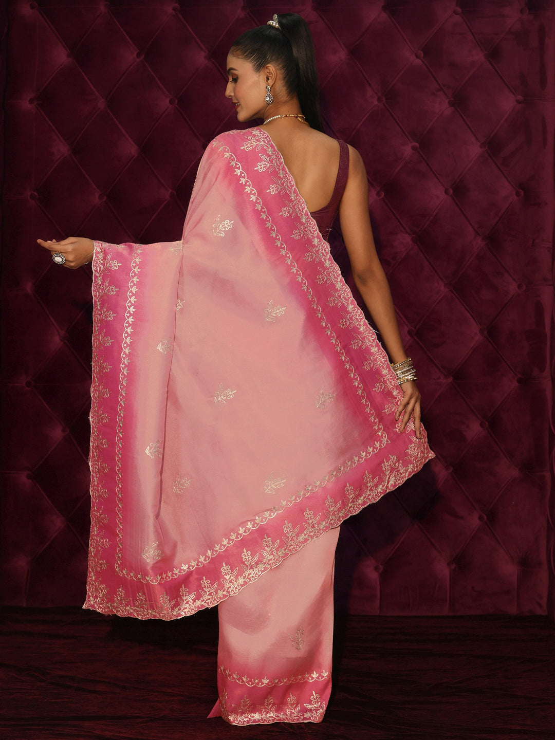 Libas Pink Floral Embroidered Tissue Saree