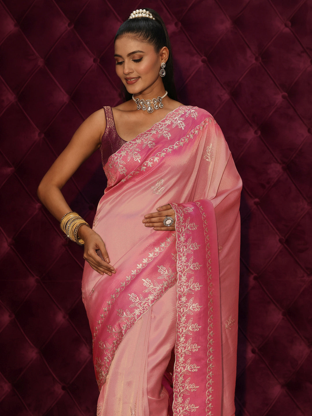 Libas Pink Floral Embroidered Tissue Saree